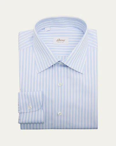 Brioni Men's Textured Cotton Stripe Point-collar Dress Shirt In Blue