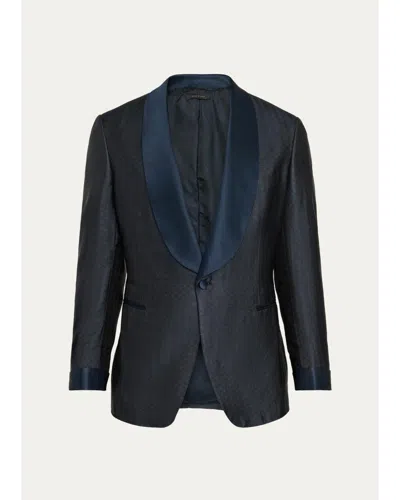 Brioni Men's Wool Jacquard Shawl-lapel Single-button Dinner Jacket In Blue