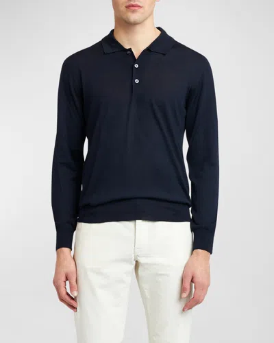 BRIONI MEN'S WOOL/CASHMERE-BLEND LONG-SLEEVE POLO SHIRT