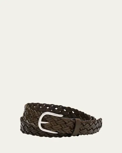 Brioni Men's Woven Leather Rounded-buckle Belt In Brown