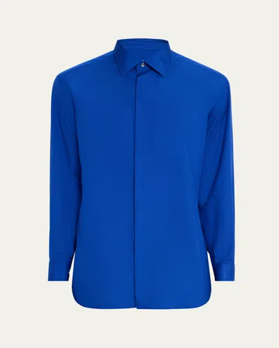 Brioni Men's Wwx 80th Anniversary Silk Covered-placket Sport Shirt In Royal