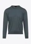 Brioni Ribbed Crewneck Sweater With Cuffs And Hem In Blue