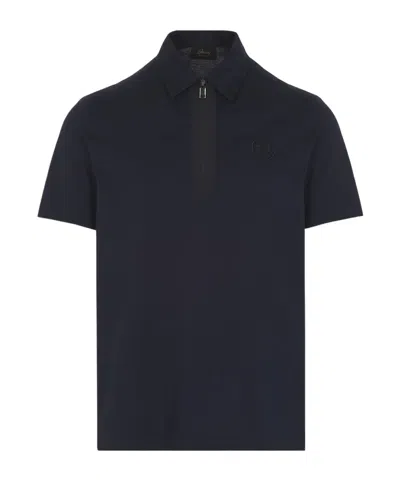 Brioni Midnight Blue Cotton Zip Polo In Black