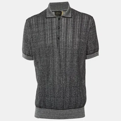 Pre-owned Brioni Monochrome Striped Cotton & Linen Knit Polo T-shirt Xl In Black