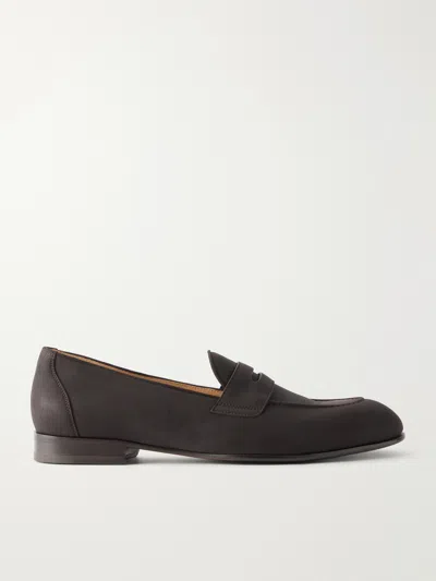 Brioni Nubuck Penny Loafers In Brown