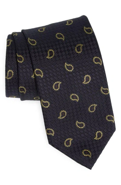 Brioni Paisley Silk Jacquard Tie In Midnight Blue/ Lemon