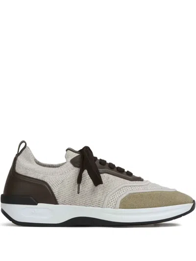 Brioni Beige And Light Brown Linen And Cotton Knit Sneakers In White