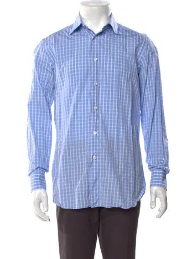 Pre-owned Brioni Plaid Print Long Sleeve Dress Shirt In Blue