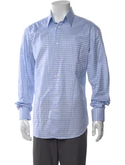 Pre-owned Brioni Plaid Print Long Sleeve Dress Shirt In Blue