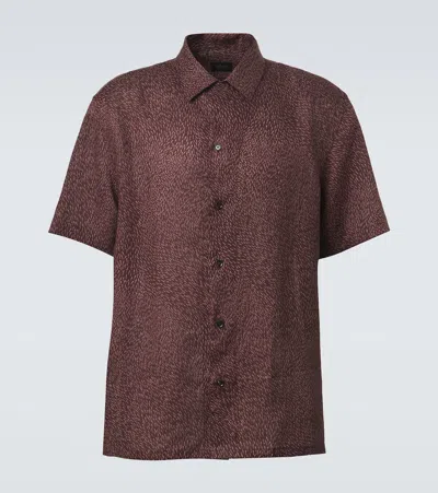 Brioni Linen Camp Collar Shirt Short Sleeves In Burgundy