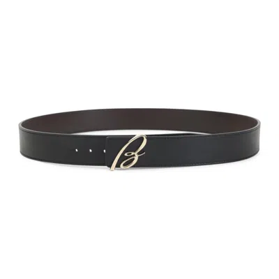Brioni Reversible Leather Belt With Gold-tone Cursive Buckle In Black