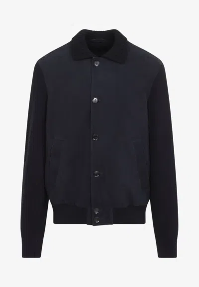 Brioni Rib Knit Collar Leather Jacket In Blue