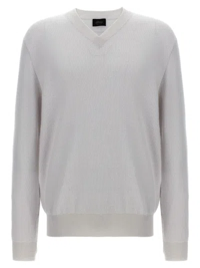 Brioni Classic V-neck Sweater With Ribbed Details In White