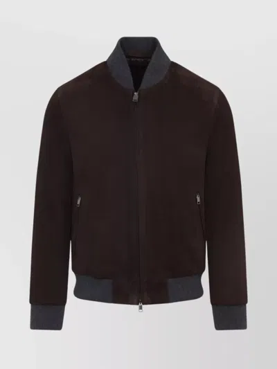 Brioni Ribbed Collar Bomber With Side Pockets In Brown