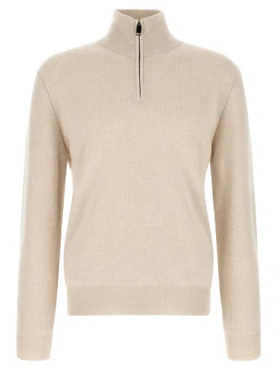 Brioni Ribbed Half-zip Sweater In Neutral