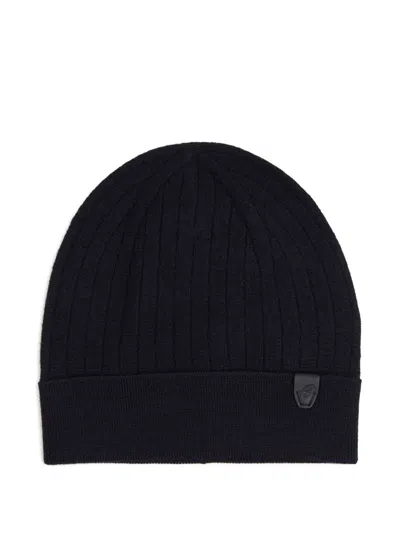 Brioni Ribbed Logo-patch Beanie Hat In Blue