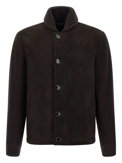 BRIONI RIBBED-SLEEVE SUEDE BOMBER JACKET