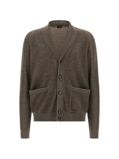 Brioni Cashmere Wool Shawl Neck Ribbed Cardigan In Brown