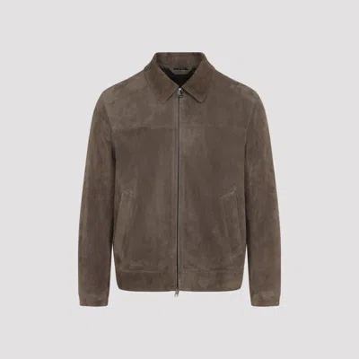 Brioni Shirt Collar Leather Blouson In Brown
