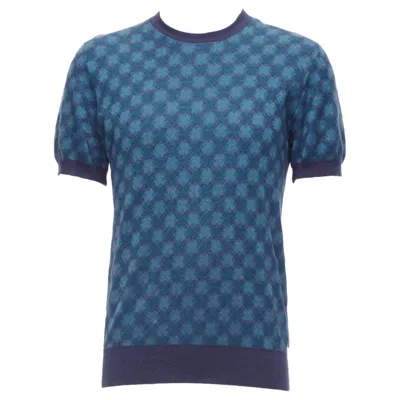 Pre-owned Brioni Silk Cashmere Blue Navy Diagonal Check Short Sleeve Sweater It50 L