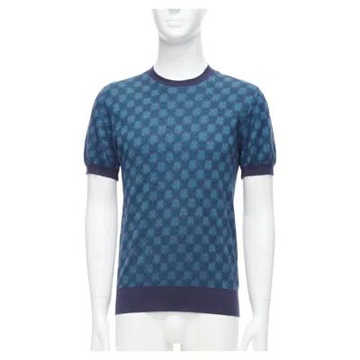 Pre-owned Brioni Silk Cashmere Blue Navy Diagonal Check Short Sleeve Sweater It50 L