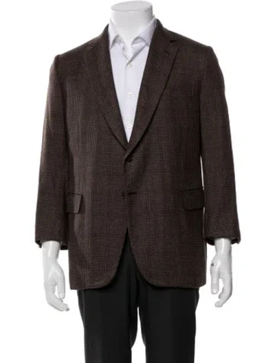 Pre-owned Brioni Silk Plaid Print Coat In Brown
