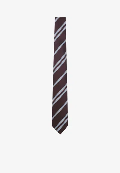 Brioni Silk Tie With Striped-pattern In Brown