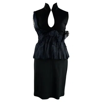 Pre-owned Brioni Size L Black Mercerized Cotton Ruffled Open Back Cocktail Dress