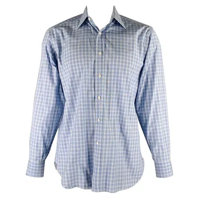 Pre-owned Brioni Size L Blue Light Blue Plaid Cotton Button Up Long Sleeve Shirt