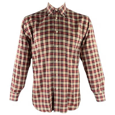 Pre-owned Brioni Size L Burgundy Tan Tartan Cotton Button Down Long Sleeve Shirt In Red