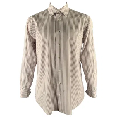 Pre-owned Brioni Size Xl White Brown Pink Stripe Cotton French Cuff Long Sleeve Shirt