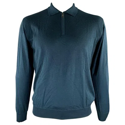 Pre-owned Brioni Size Xxl Blue Teal Knitted Cashmere Silk Quarter Zip Pullover In Green