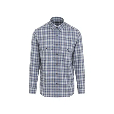Brioni Sophisticated Cotton Check Shirt With Dual Chest Pockets And Modern Fit In Blue