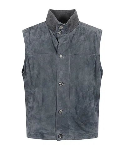 Brioni Suede Leather Padded Vest In Blue