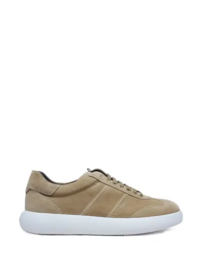 Brioni Stitched Leather Trainers In Brown