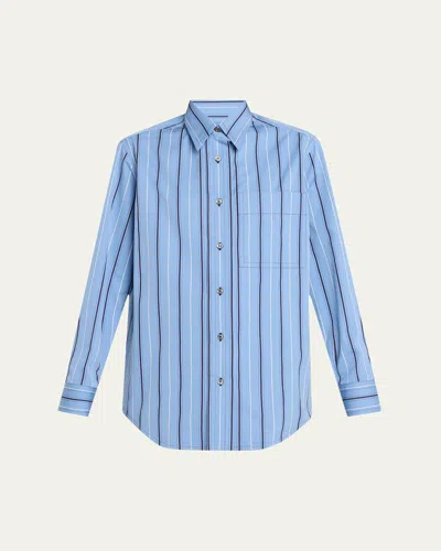 Brioni Stripe Button Down Cotton Twill Shirt In Blue