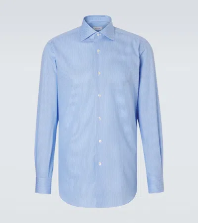 Brioni Striped Cotton Poplin Shirt In Blue