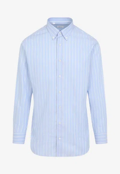 Brioni Striped Long-sleeved Shirt In Blue