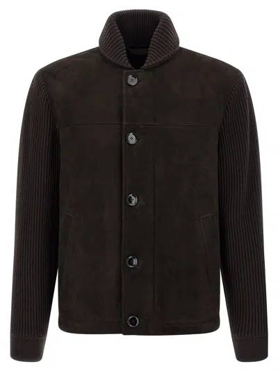 BRIONI SUEDE BOMBER JACKET PUFFER JACKETS BROWN