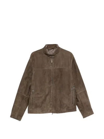 Brioni Suede High-neck Jacket In Brown