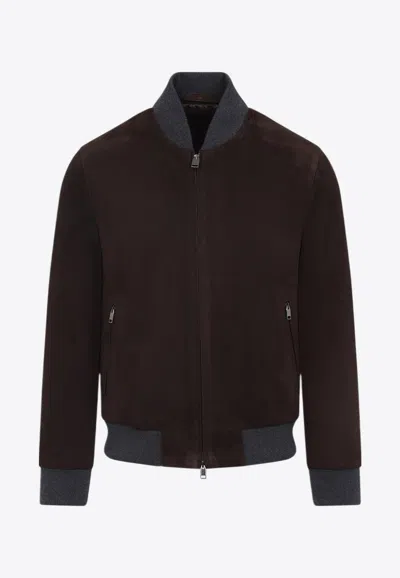 BRIONI SUEDE ZIP-UP BOMBER JACKET