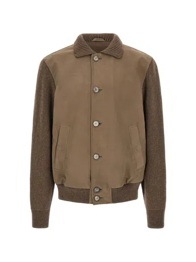 Brioni Suede-panel Ribbed-knit Jacket In Brown