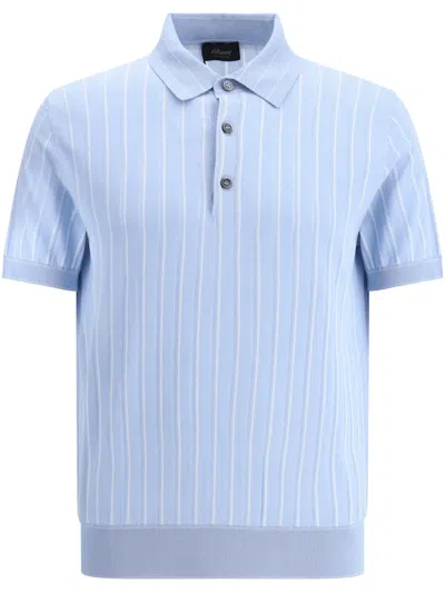Brioni Striped Ribbed Collar Polo Sweater In Sky Blue/white