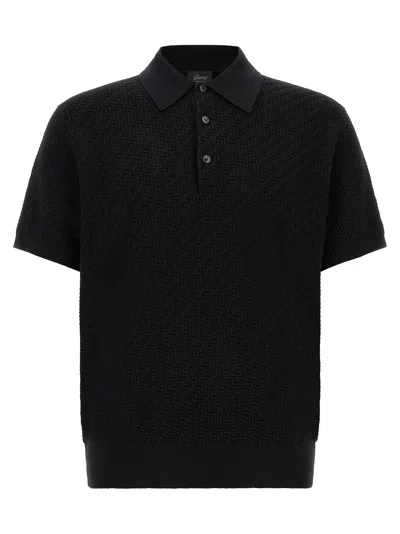 Brioni Slim Fit Knit Polo Shirt In Cotton With Ribbed Collar And Cuffs In Black