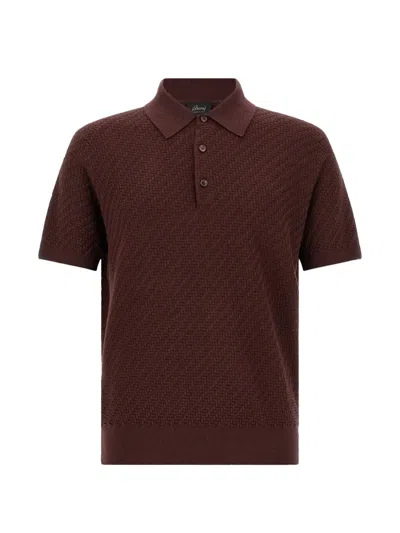 Brioni Slim Fit Knit Polo Shirt In Cotton With Ribbed Collar And Cuffs In Burgundy