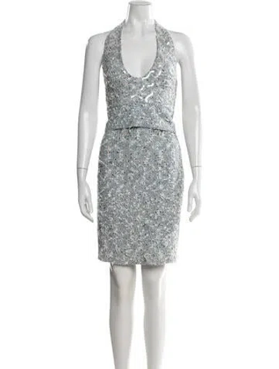 Pre-owned Brioni Tweed Pattern Sequin Embellishments Skirt Set In Blue
