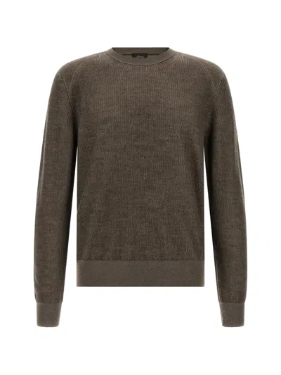 Brioni Cashmere Wool Ribbed Crew Neck Sweater In Brown
