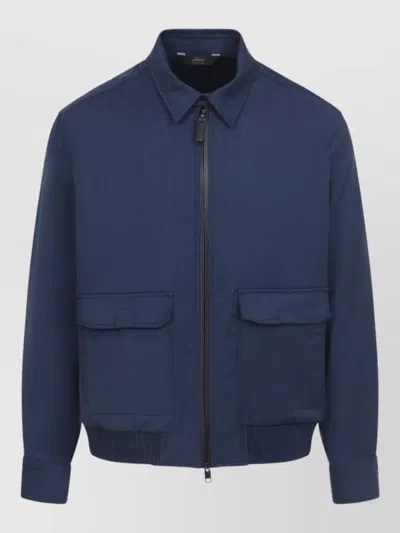 Brioni Wool Jacket Flap Pockets Ribbed Hem In Blue