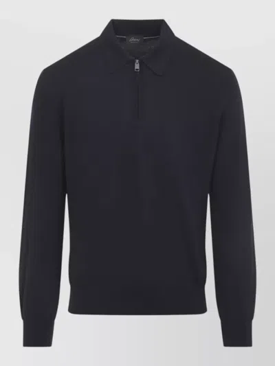 Brioni Midnight Blue Wool Long Sleeves Zip Polo