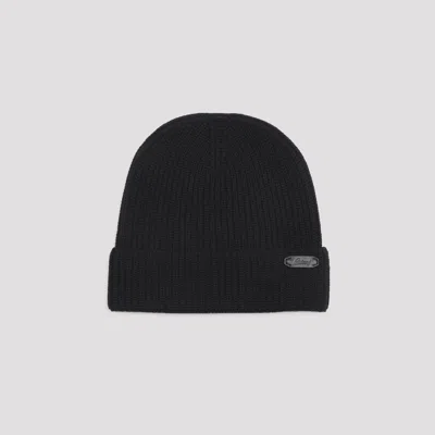 Brioni Logo Leather Tag Wool Beanie Hat In  Black